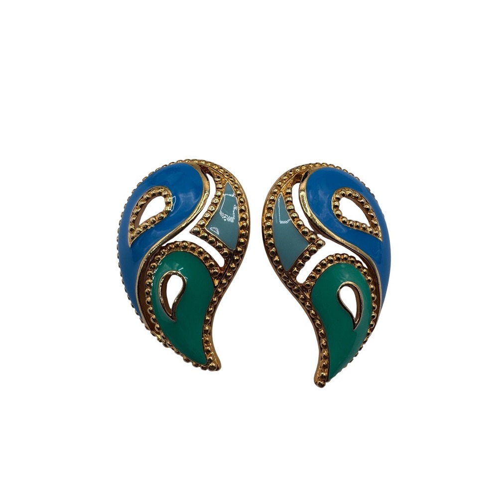 Avon OS Blue Earrings Women's 90s Paisley Enamel Gold Tone Studs